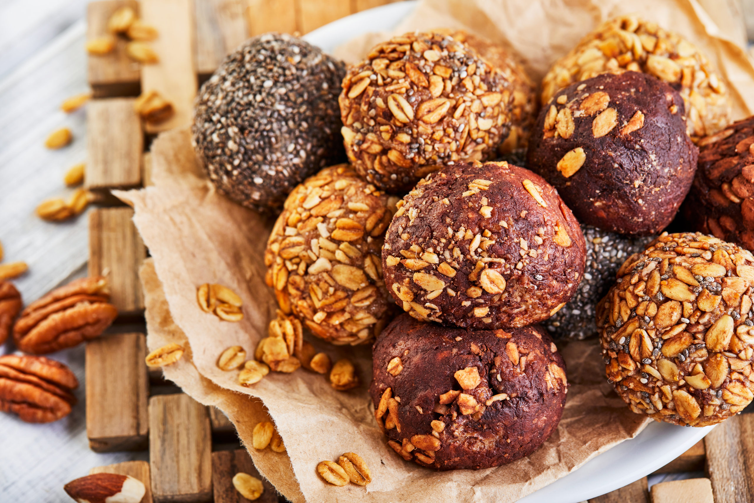 Healthy Organic Energy balls Muesli Bites with Nuts, Cocoa, Chia and Honey - Vegan Vegetarian Raw Snacks or Food. copy space. Close-up.